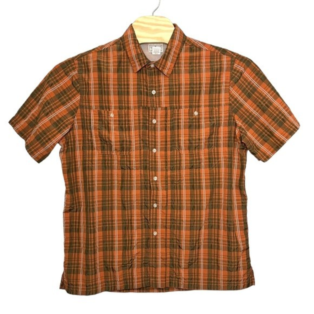 LL BEAN Orange/Green Plaid Short Sleeve Button Up Seersucker Shirt Preppy Large - Picture 1 of 4